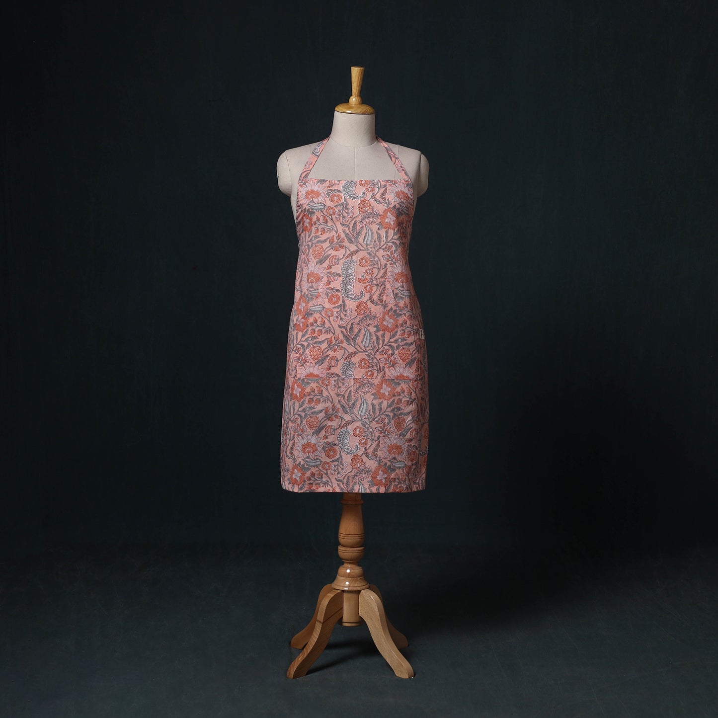 Peach - Sanganeri Hand Block Print Cotton Apron with Pocket 60
