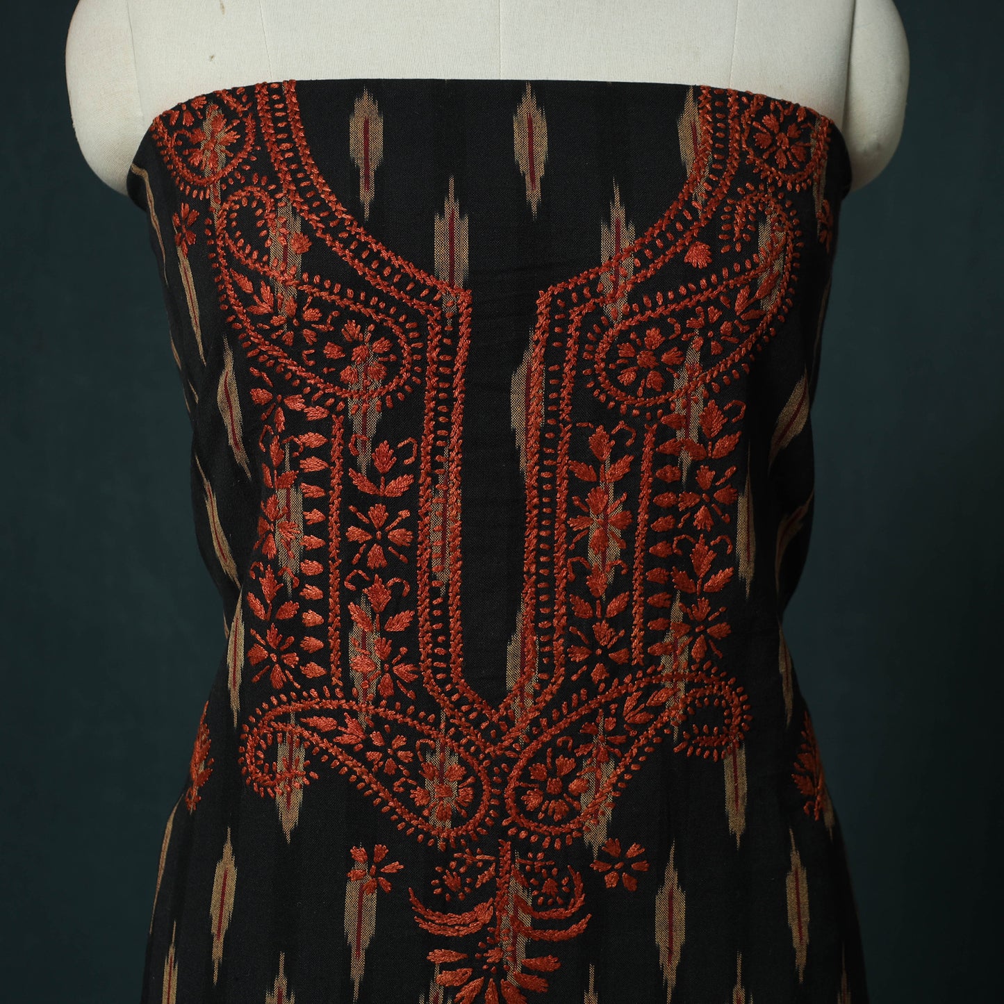 Lucknowi Chikankari Hand Embroidered Pochampally Ikat Cotton Unstitched Kurta Material (2.5M) 27