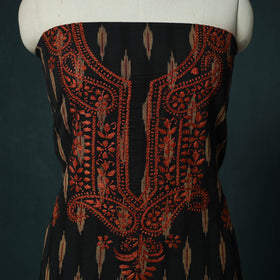 Lucknowi Chikankari Hand Embroidered Pochampally Ikat Cotton Unstitched Kurta Material (2.5M) 27