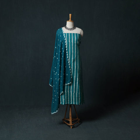Green - Hand Block Batik Print Cotton 2pc Unstitched Dress Material Kurta Set 08