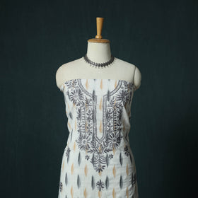 Lucknowi Chikankari Hand Embroidered Pochampally Ikat Cotton Unstitched Kurta Material (2.5M) 26