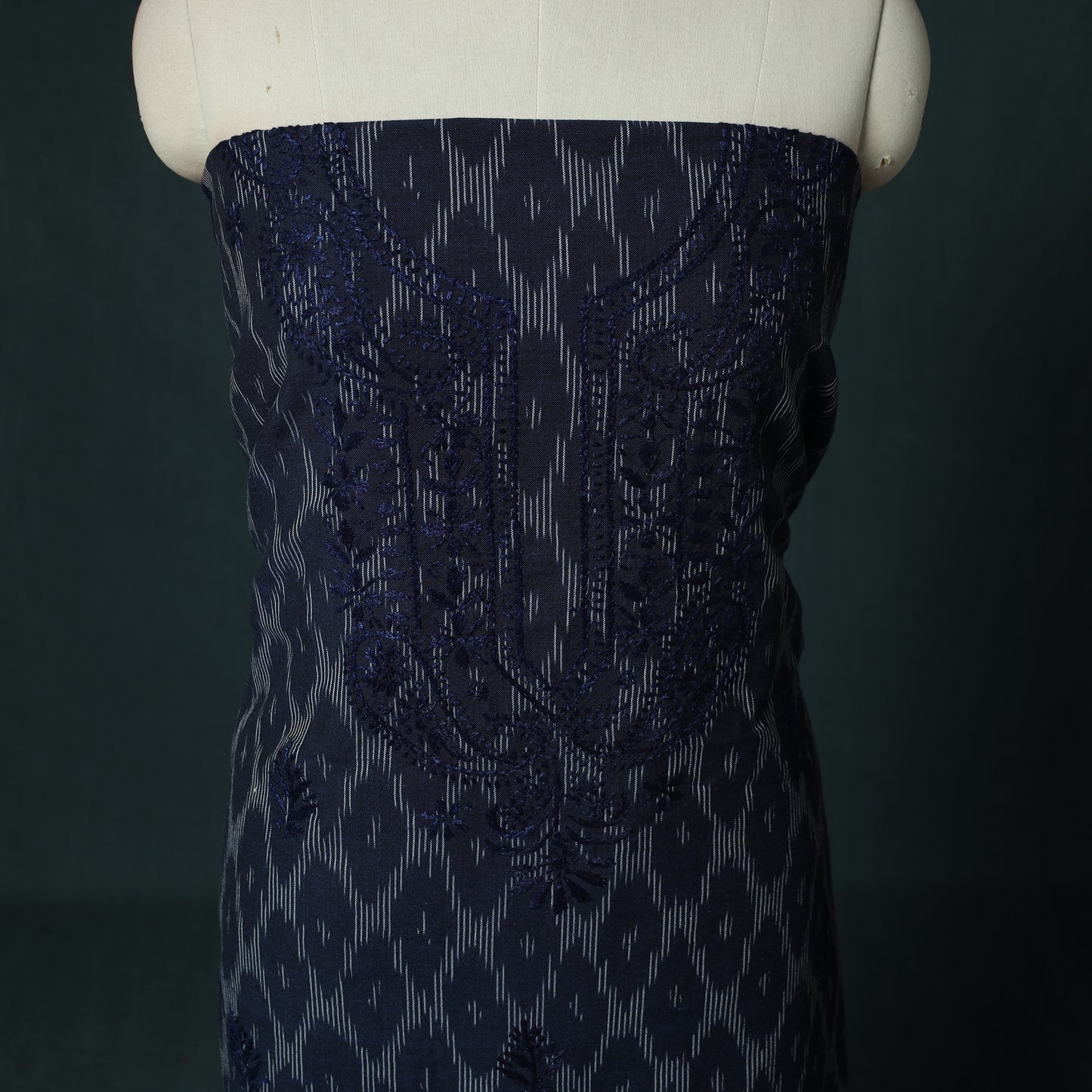 Lucknowi Chikankari Hand Embroidered Pochampally Ikat Cotton Unstitched Kurta Material (2.5M) 31