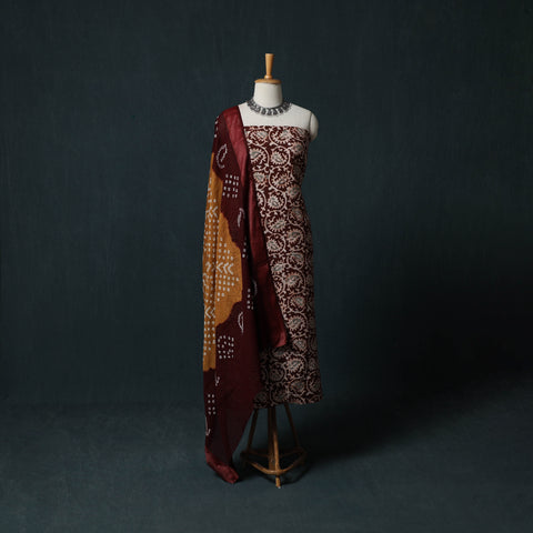 Maroon - Hand Block Batik Print Cotton 2pc Unstitched Dress Material Kurta Set 13