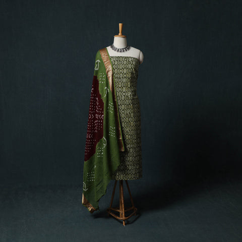 Green - Hand Block Batik Print Cotton 2pc Unstitched Dress Material Kurta Set 14