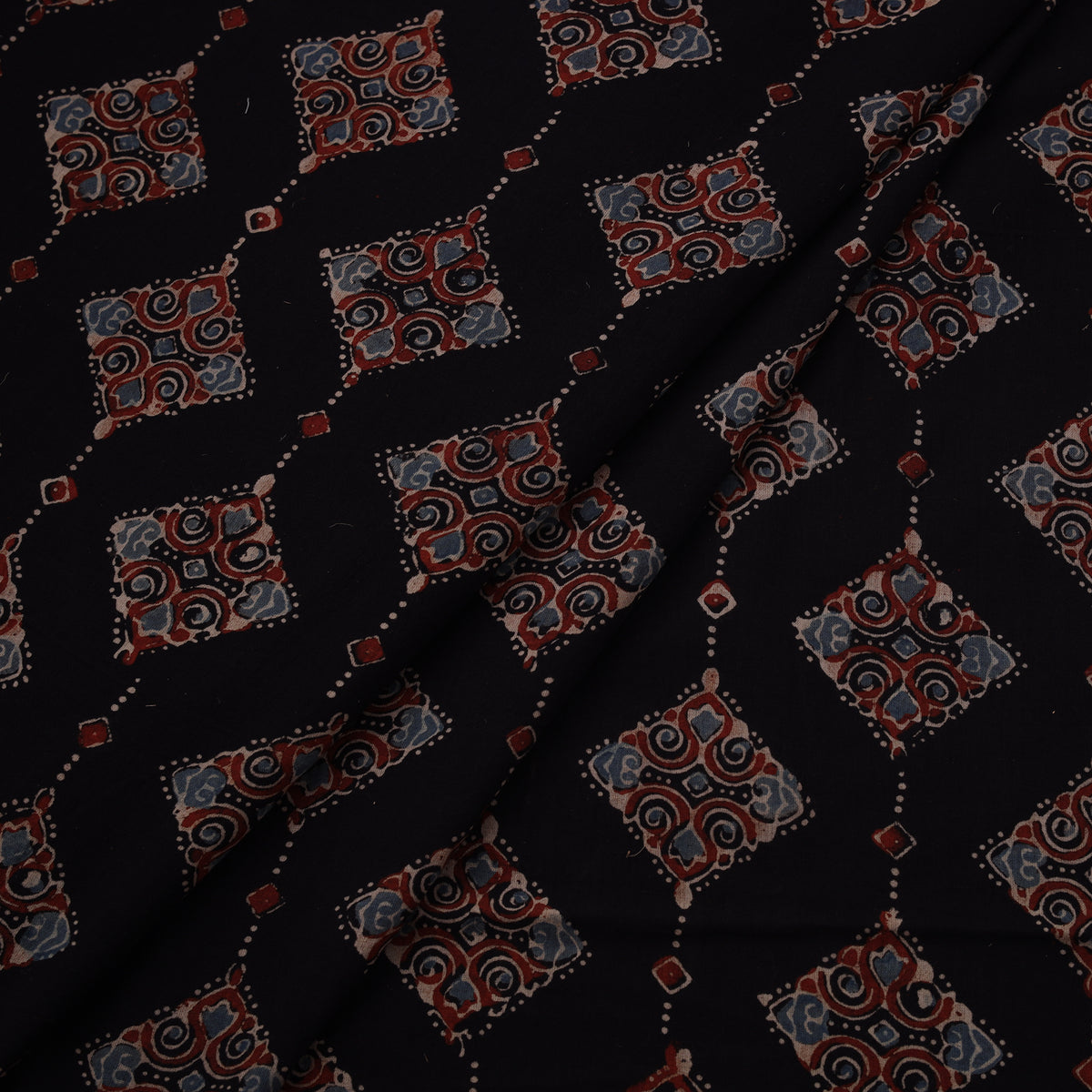 Black - Natural Dyed Pure Mul Cotton Hand Block Ajrakh Print Fabric 16