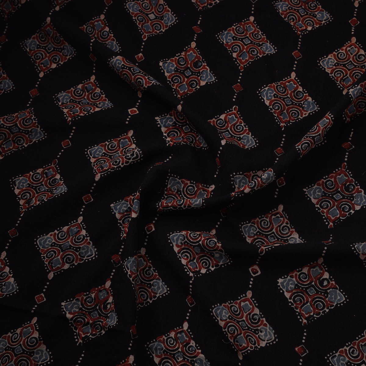 Black - Natural Dyed Pure Mul Cotton Hand Block Ajrakh Print Fabric 16