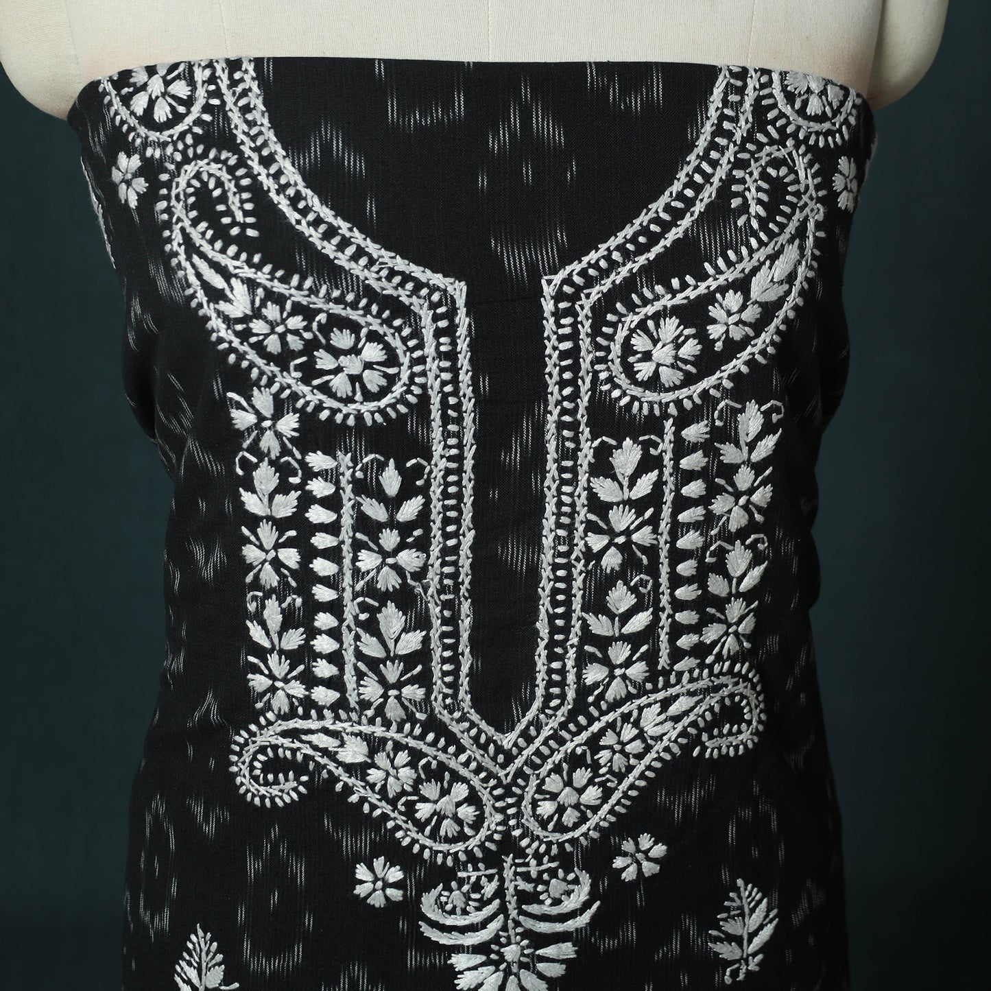 Lucknowi Chikankari Hand Embroidered Pochampally Ikat Cotton Unstitched Kurta Material (2.5M) 34