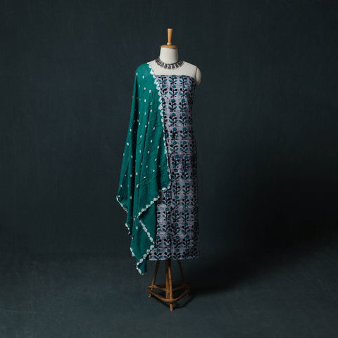 Blue - Hand Block Batik Print Cotton 2pc Unstitched Dress Material Kurta Set 22