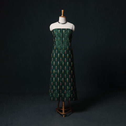 Green - Chikankari Hand Embroidered Cotton Unstitched Kurta Material (3M) 02
