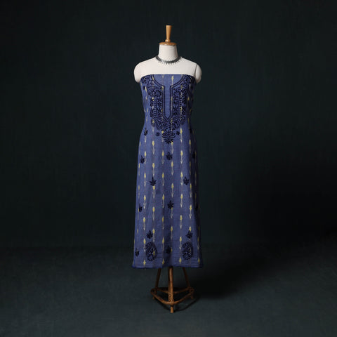 Blue - Chikankari Hand Embroidered Cotton Unstitched Kurta Material (3M) 04