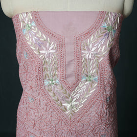 Lucknow Chikankari Parsi Style Hand Embroidered Pure Mul Cotton Unstitched Kurta Material (2.8M) 04