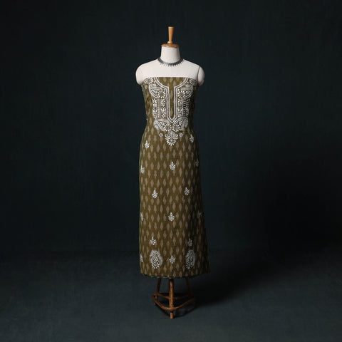 Green - Chikankari Hand Embroidered Cotton Unstitched Kurta Material (3M) 08
