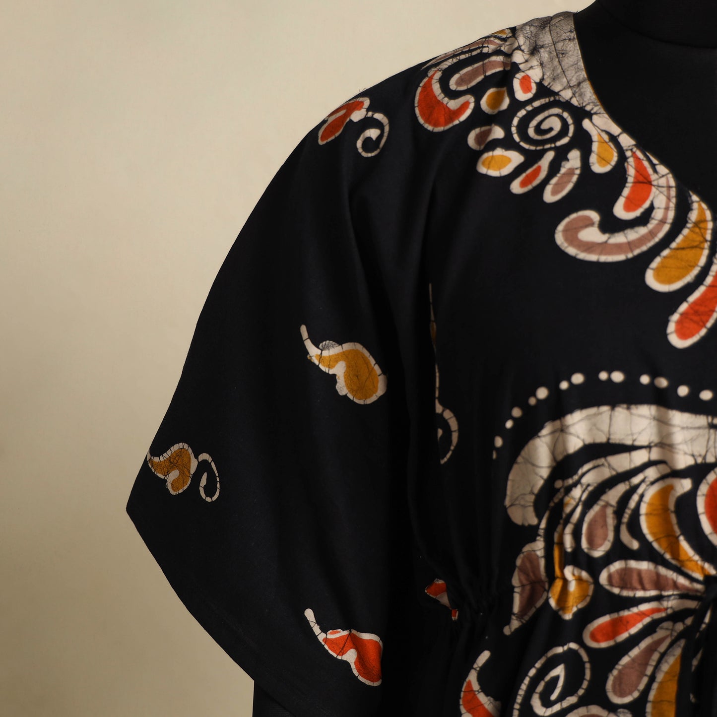 Black - cotton hand batik kaftan with tie-up waist (long)