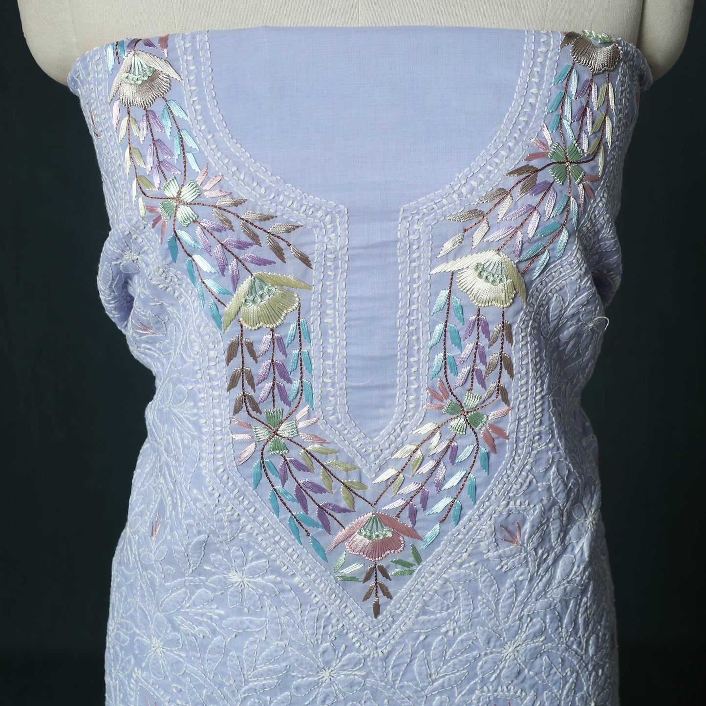 Lucknow Chikankari Parsi Style Hand Embroidered Pure Mul Cotton Unstitched Kurta Material (2.8M) 01