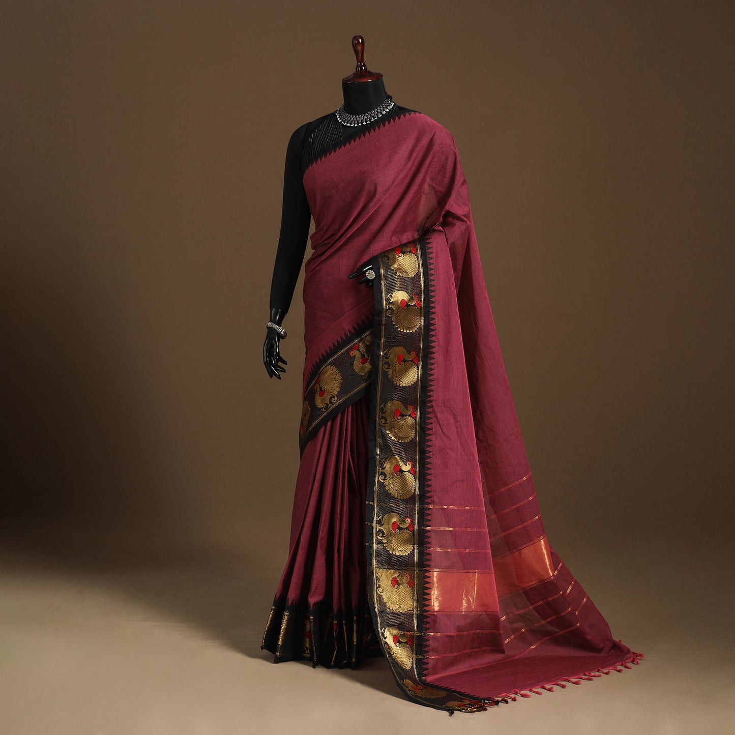 Maroon Kandangi Chettinad Cotton Saree with Border