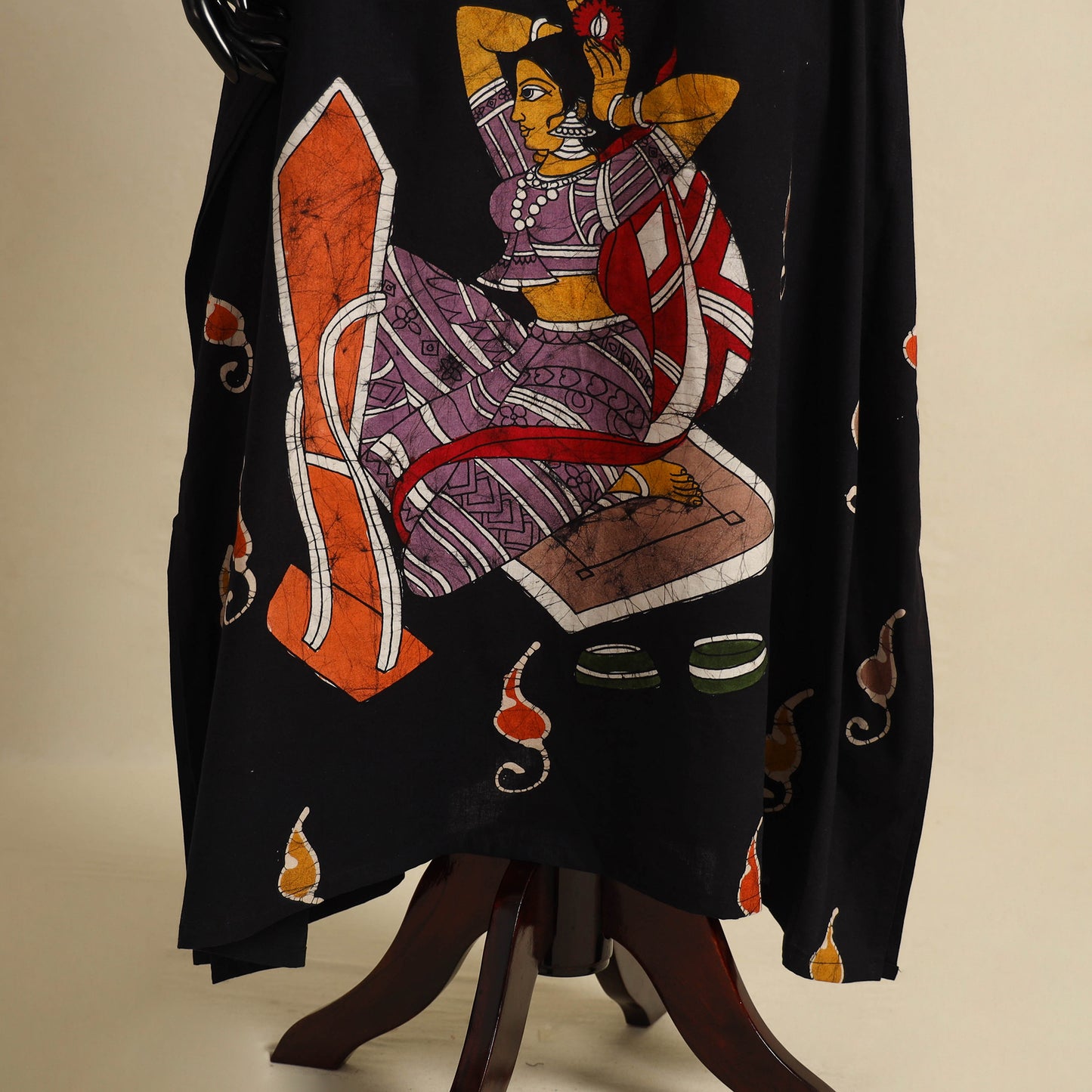 Black - cotton hand batik kaftan with tie-up waist (long)