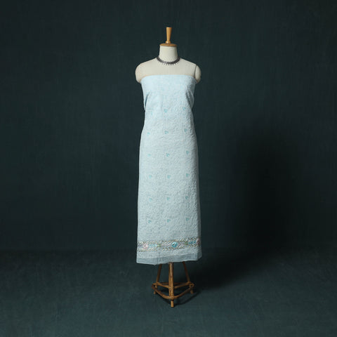 Lucknow Chikankari Parsi Style Hand Embroidered Pure Mul Cotton Unstitched Kurta Material (2.8M) 02