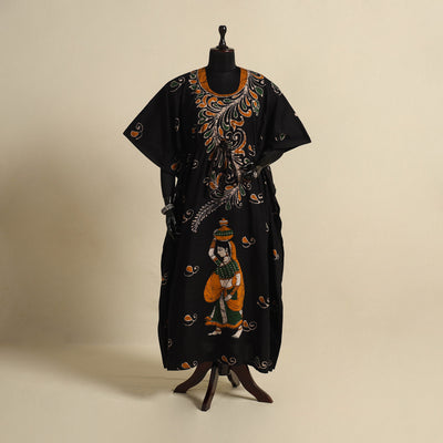 Black - cotton hand batik kaftan with tie-up waist (long)