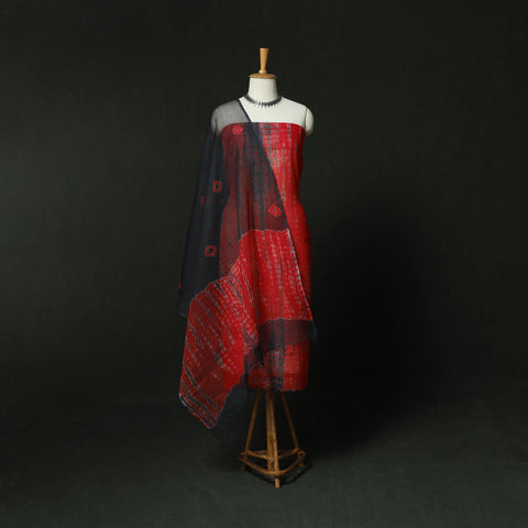 Shibori Tie-Dye Kota Doria Cotton 3pc Unstitched Dress Material Suit Set 07