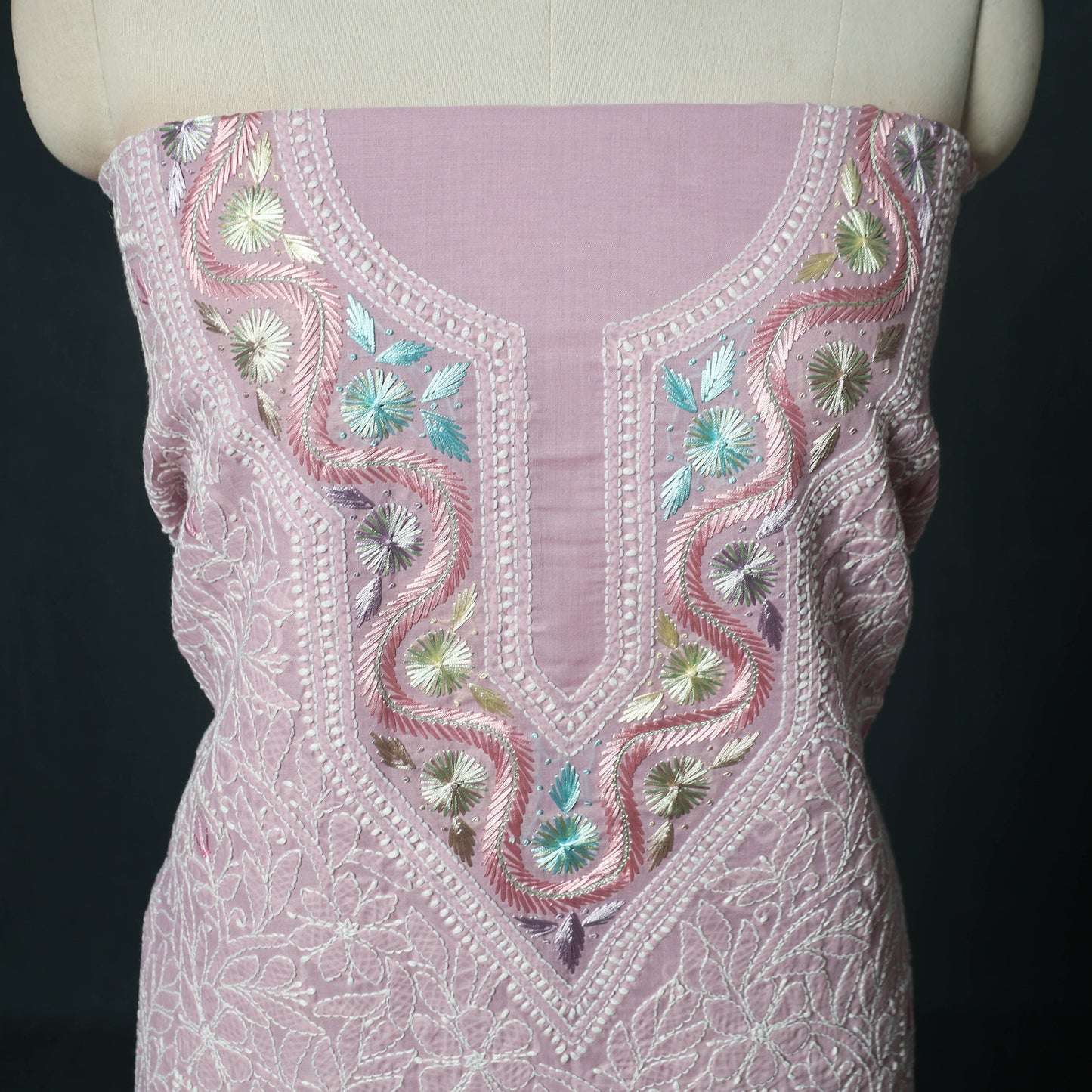 Lucknow Chikankari Parsi Style Hand Embroidered Pure Mul Cotton Unstitched Kurta Material (2.8M) 05