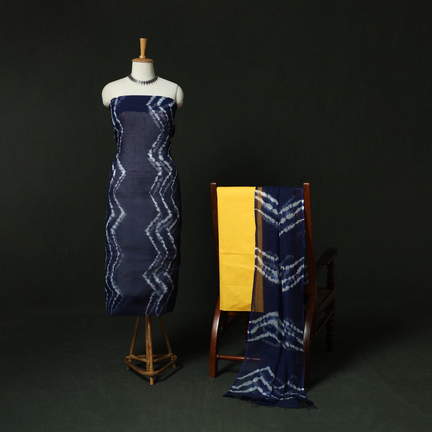 Blue - Shibori Tie-Dye Kota Doria Cotton 3pc Unstitched Dress Material Suit Set 01