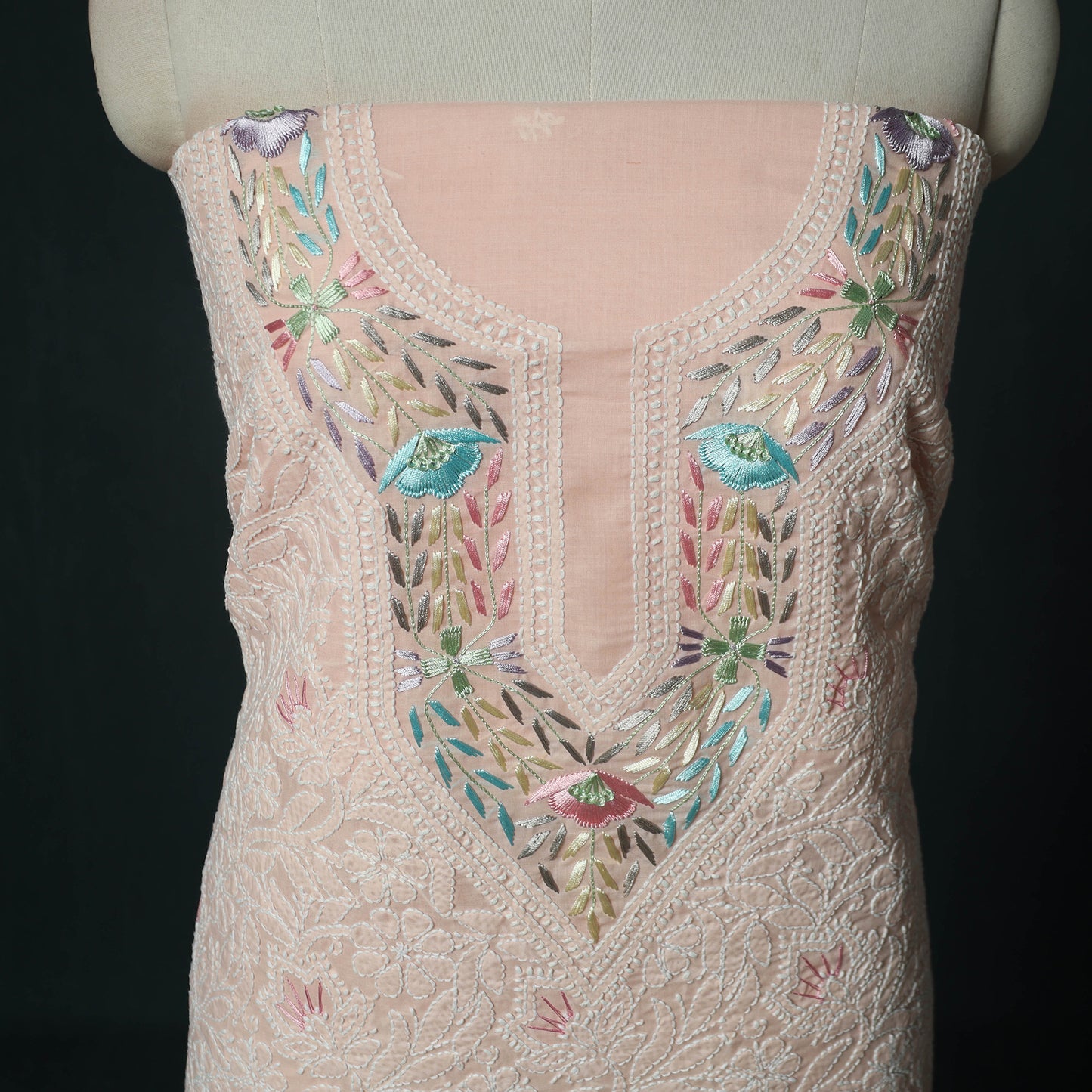 Lucknow Chikankari Parsi Style Hand Embroidered Pure Mul Cotton Unstitched Kurta Material (2.8M) 08