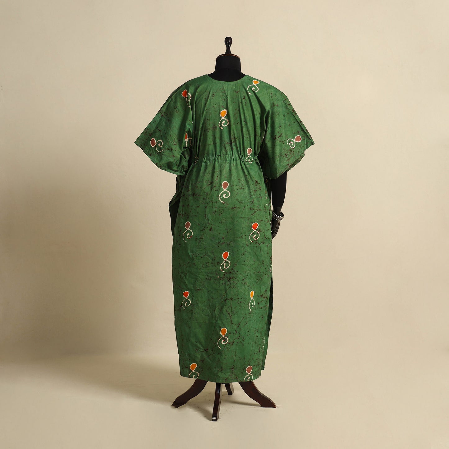 Green - cotton hand batik kaftan with tie-up waist (long)