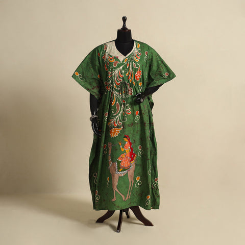 Green - cotton hand batik kaftan with tie-up waist (long)