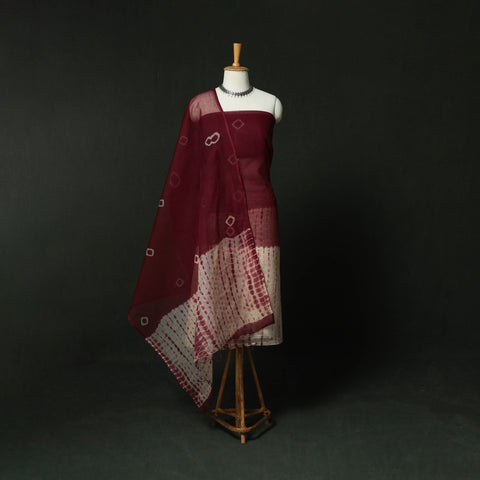 Shibori Tie-Dye Kota Doria Cotton 3pc Unstitched Dress Material Suit Set 05