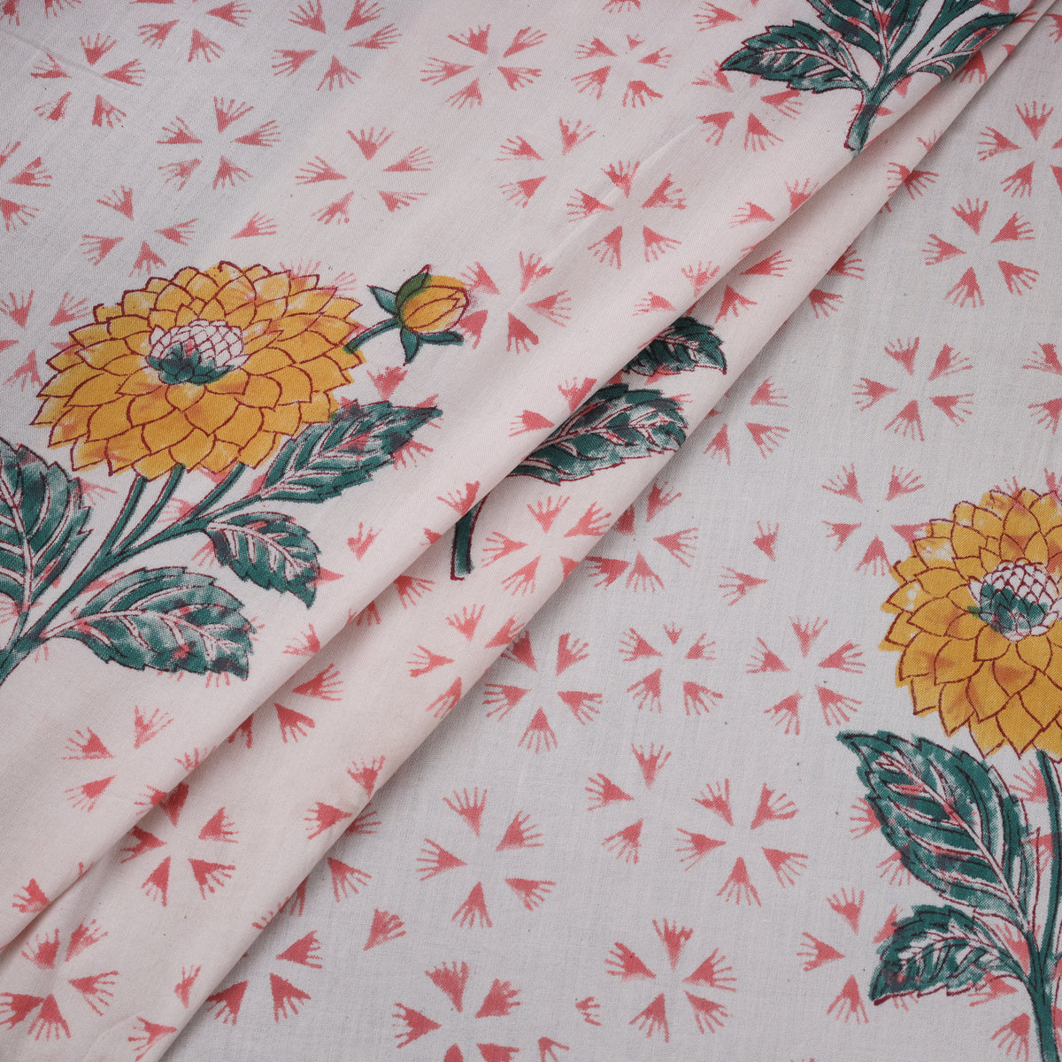 Floral Hand Block Sanganeri Print Linen Fabric 01