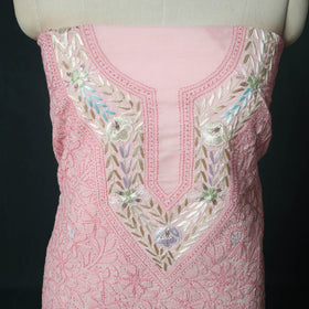 Lucknow Chikankari Parsi Style Hand Embroidered Pure Mul Cotton Unstitched Kurta Material (2.8M) 11