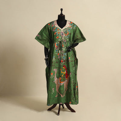 Green - cotton hand batik kaftan with tie-up waist (long)