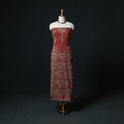 Red - Chikankari Hand Embroidered Cotton Unstitched Kurta Material (3M) 18