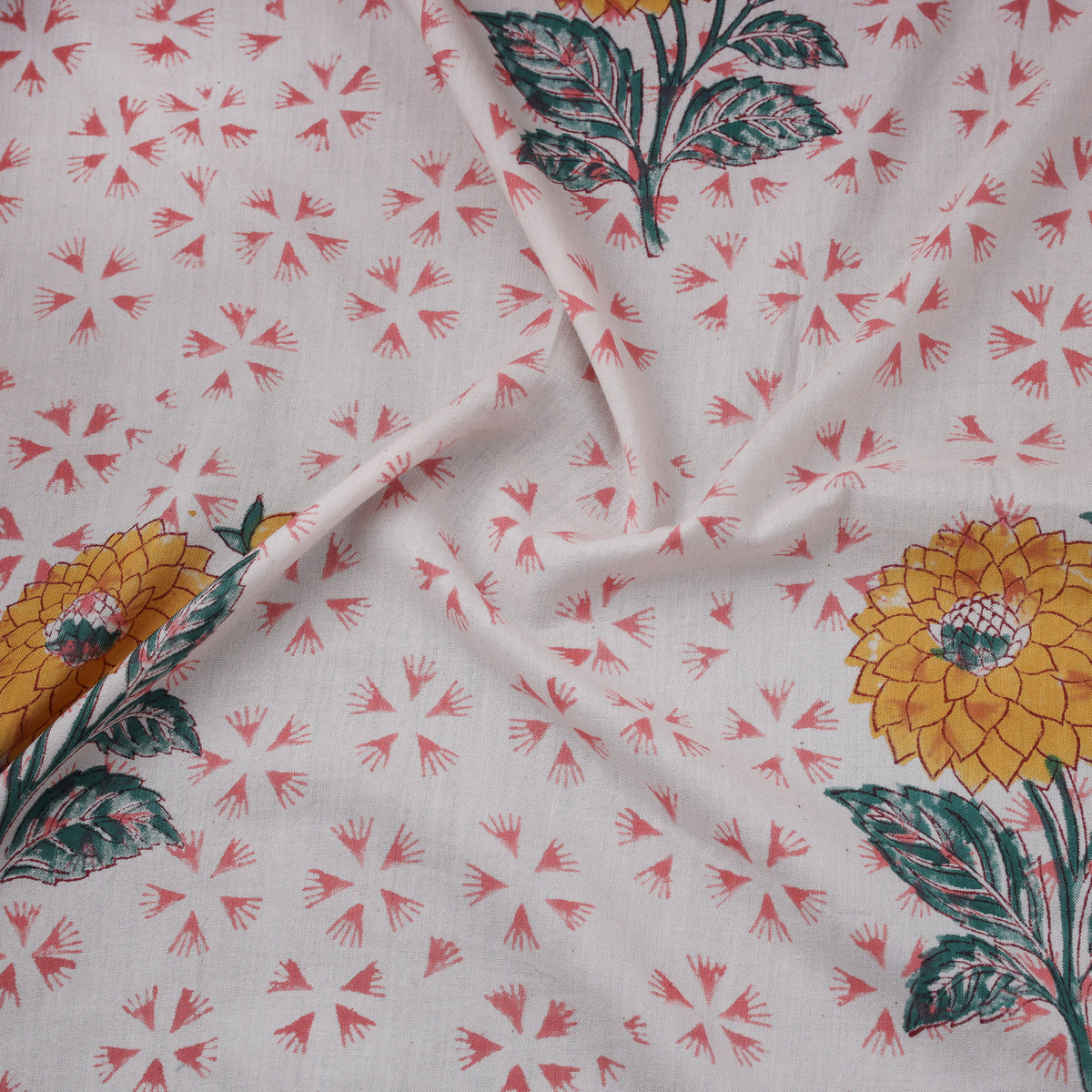 Floral Hand Block Sanganeri Print Linen Fabric 01