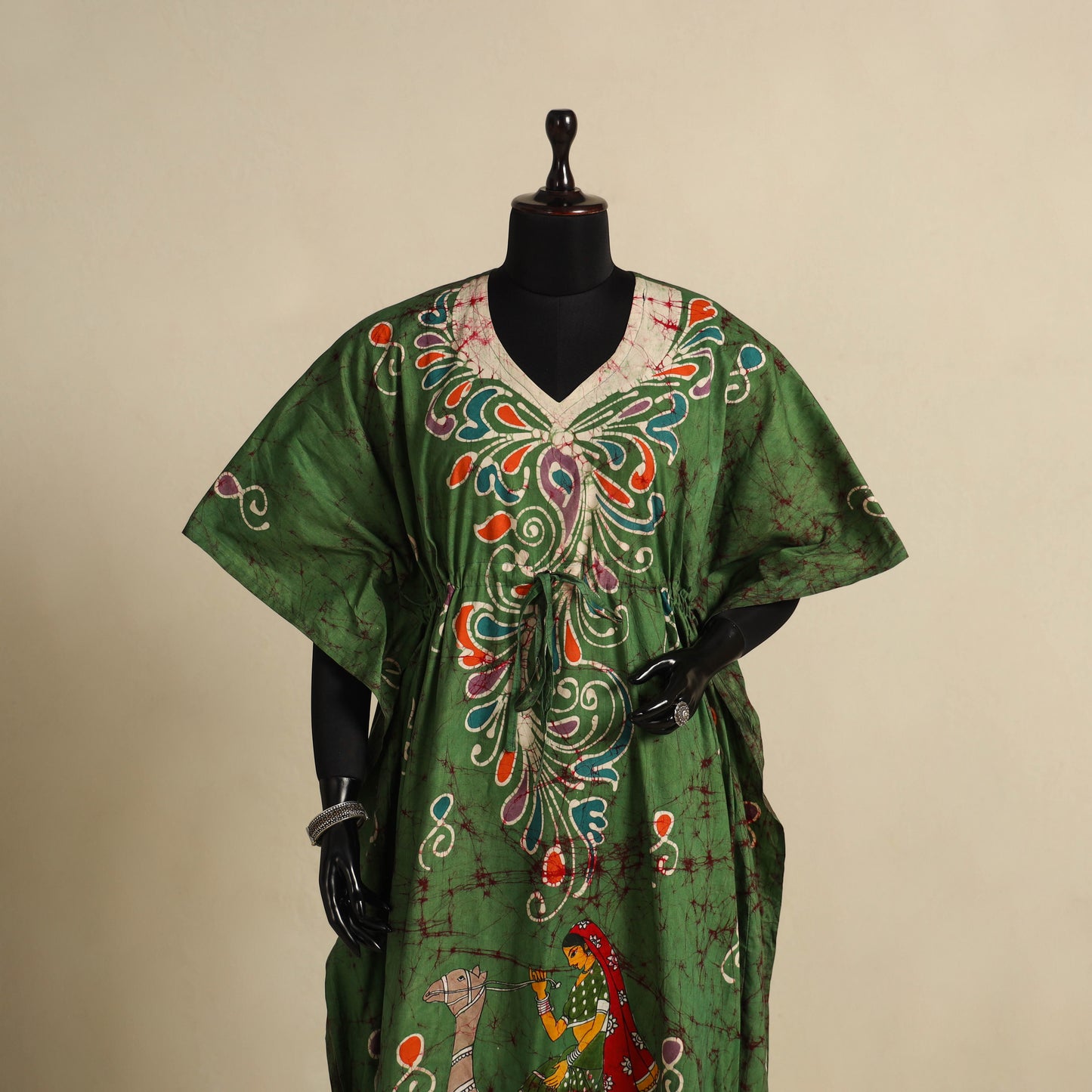 Green - cotton hand batik kaftan with tie-up waist (long)