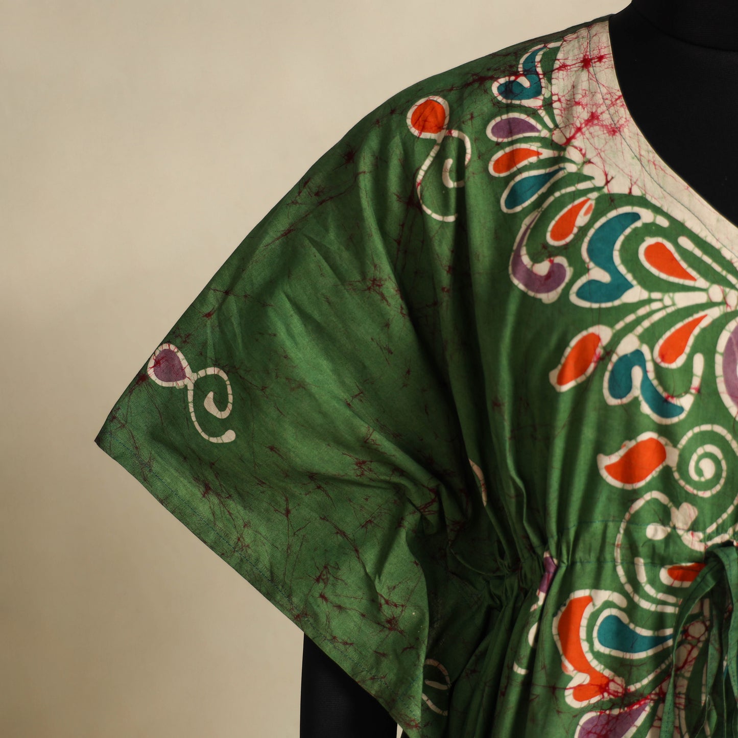 Green - cotton hand batik kaftan with tie-up waist (long)