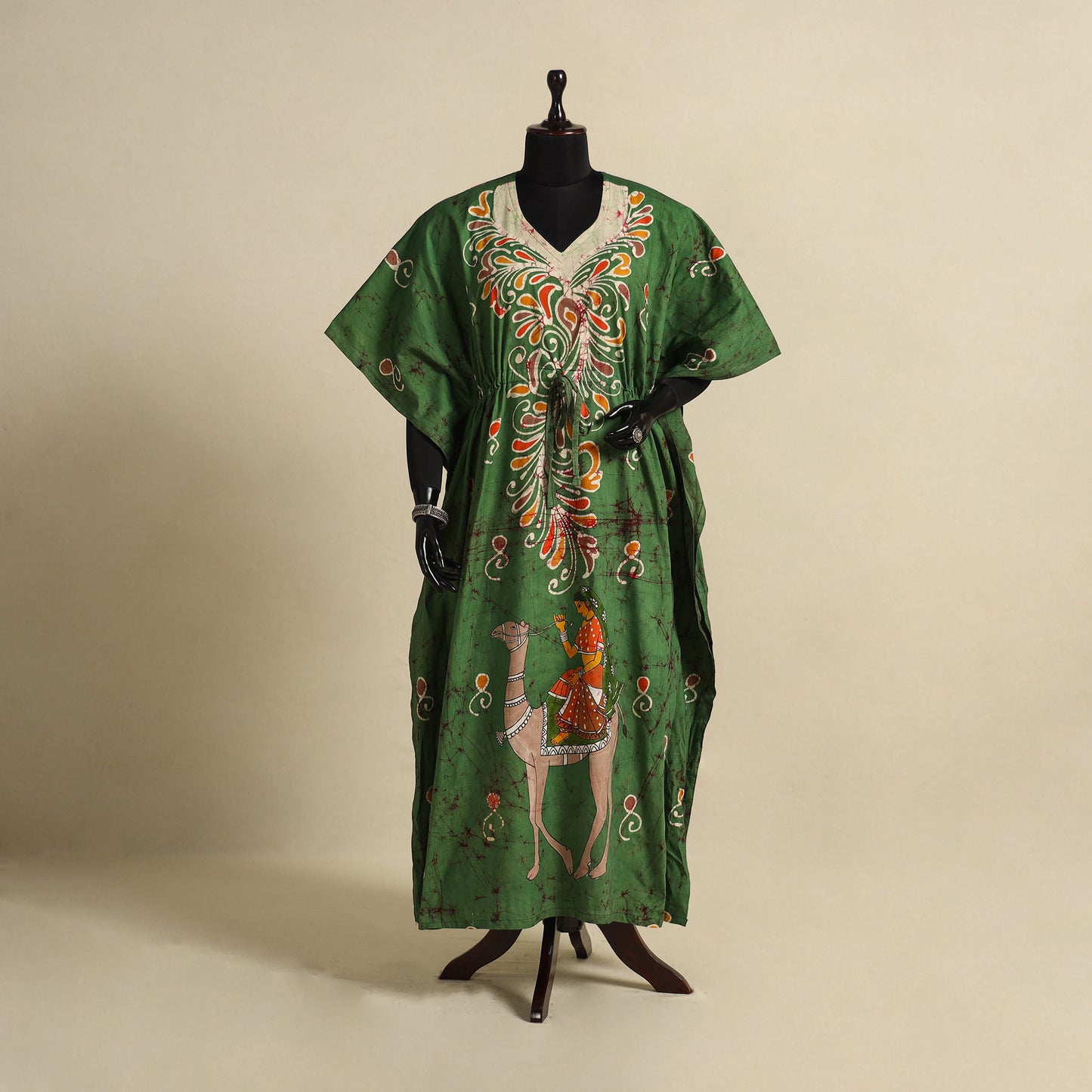 Green - cotton hand batik kaftan with tie-up waist (long)