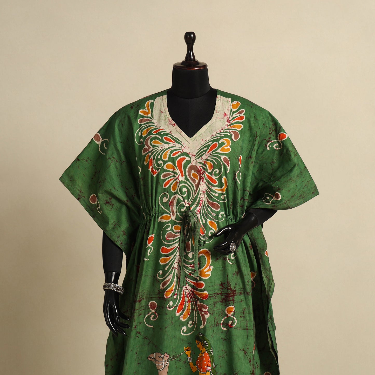 Green - cotton hand batik kaftan with tie-up waist (long)