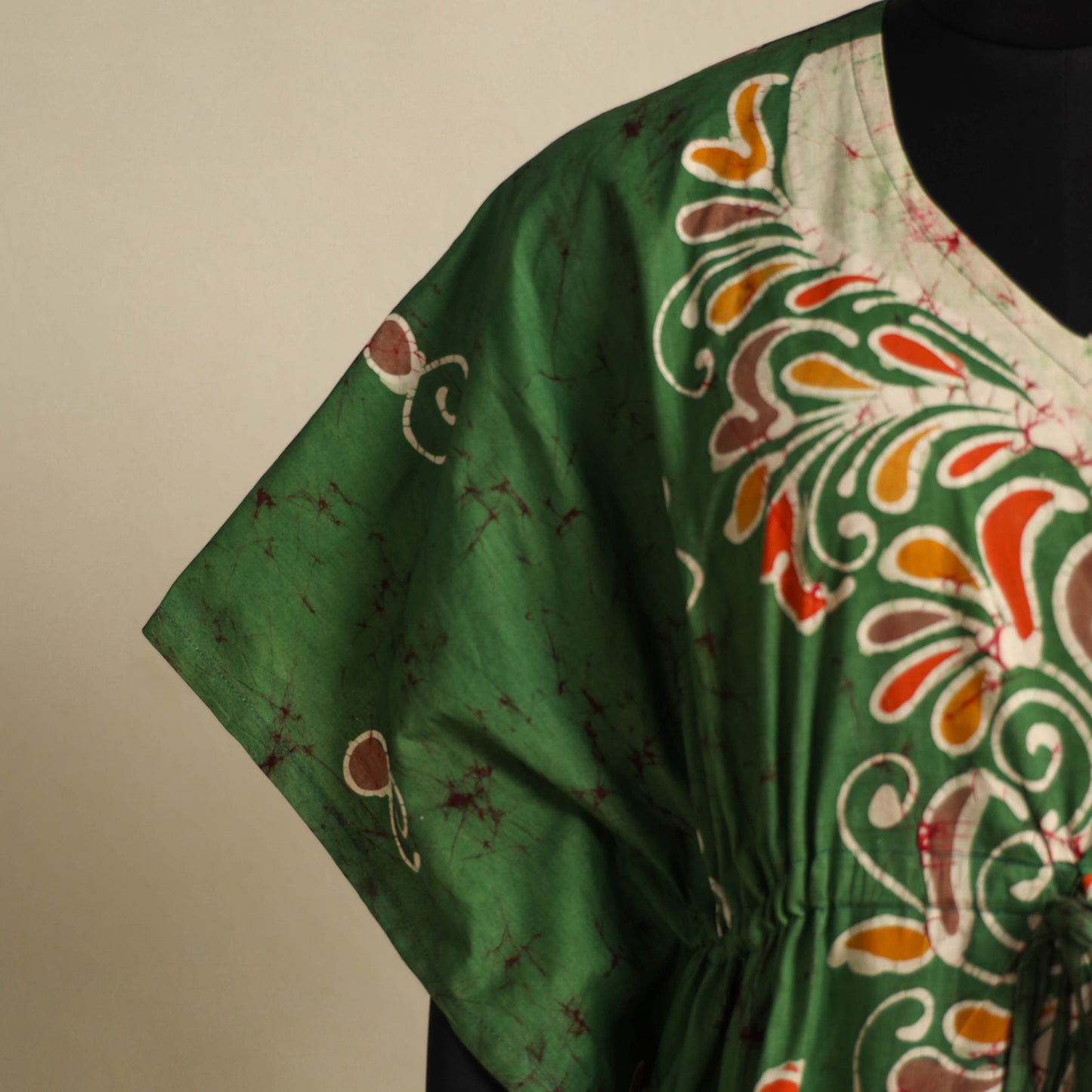 Green - cotton hand batik kaftan with tie-up waist (long)