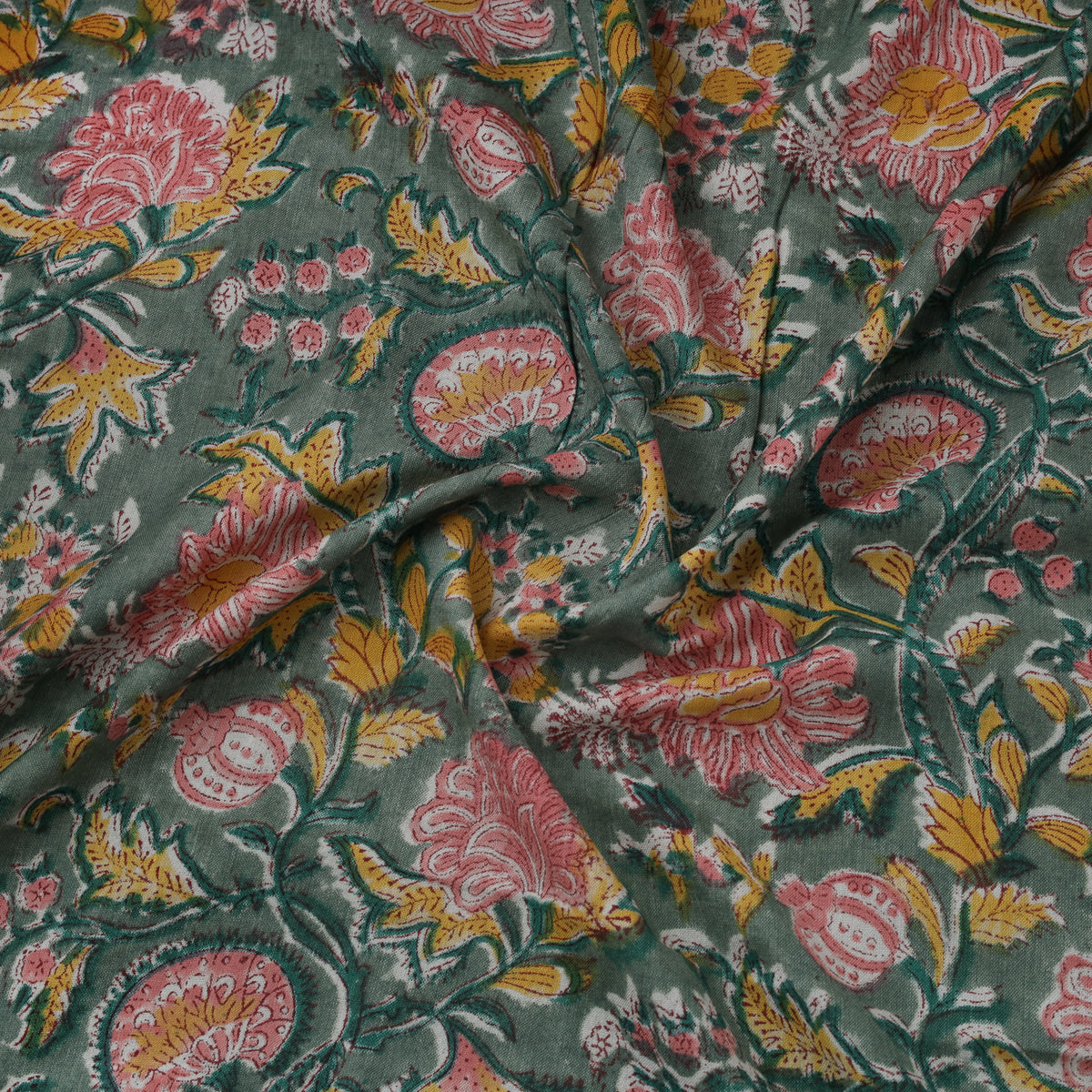 Floral Hand Block Sanganeri Print Linen Fabric 04