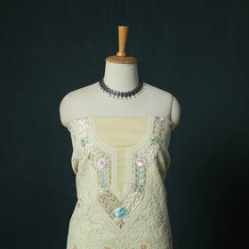 Lucknow Chikankari Parsi Style Hand Embroidered Pure Mul Cotton Unstitched Kurta Material (2.8M) 14