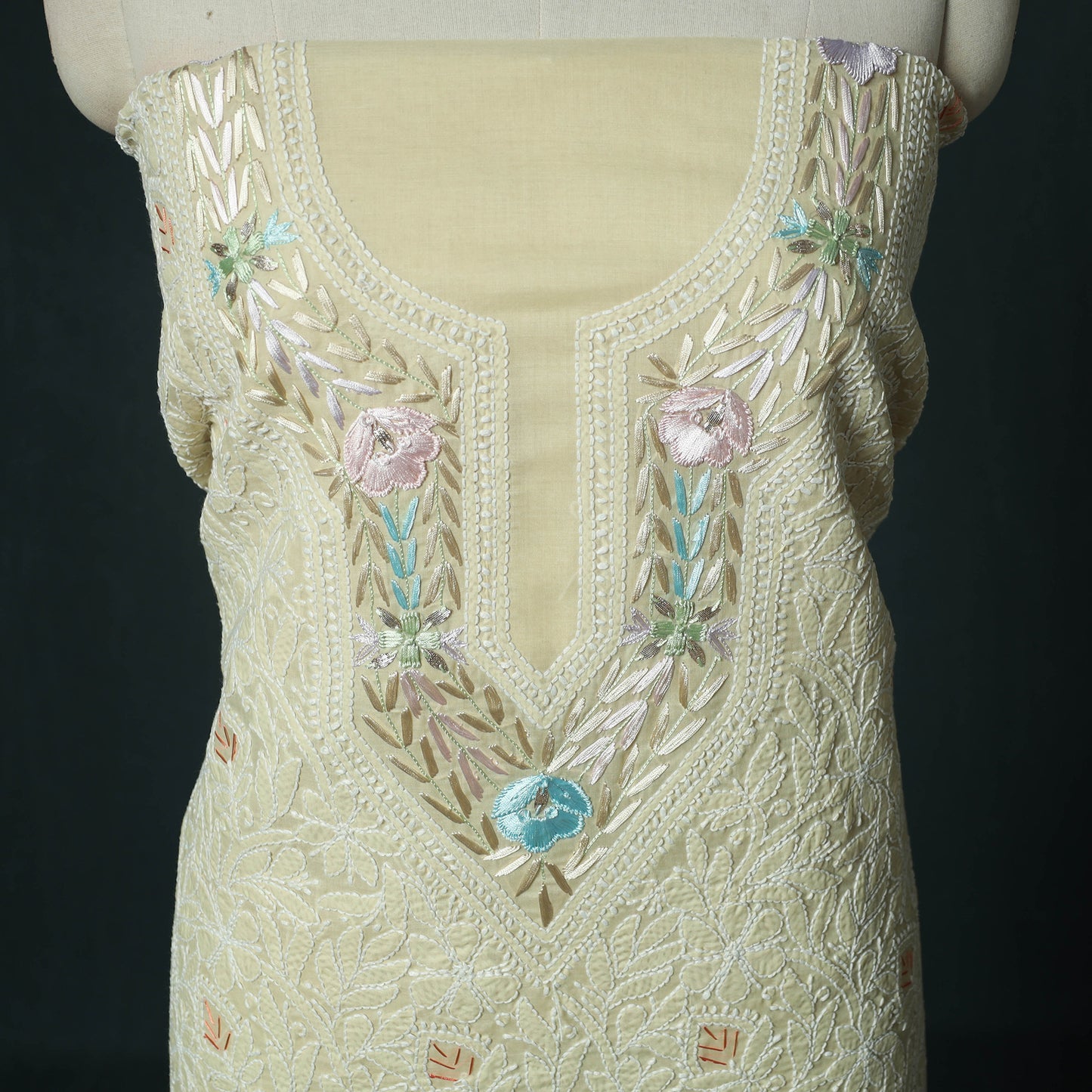 Lucknow Chikankari Parsi Style Hand Embroidered Pure Mul Cotton Unstitched Kurta Material (2.8M) 14