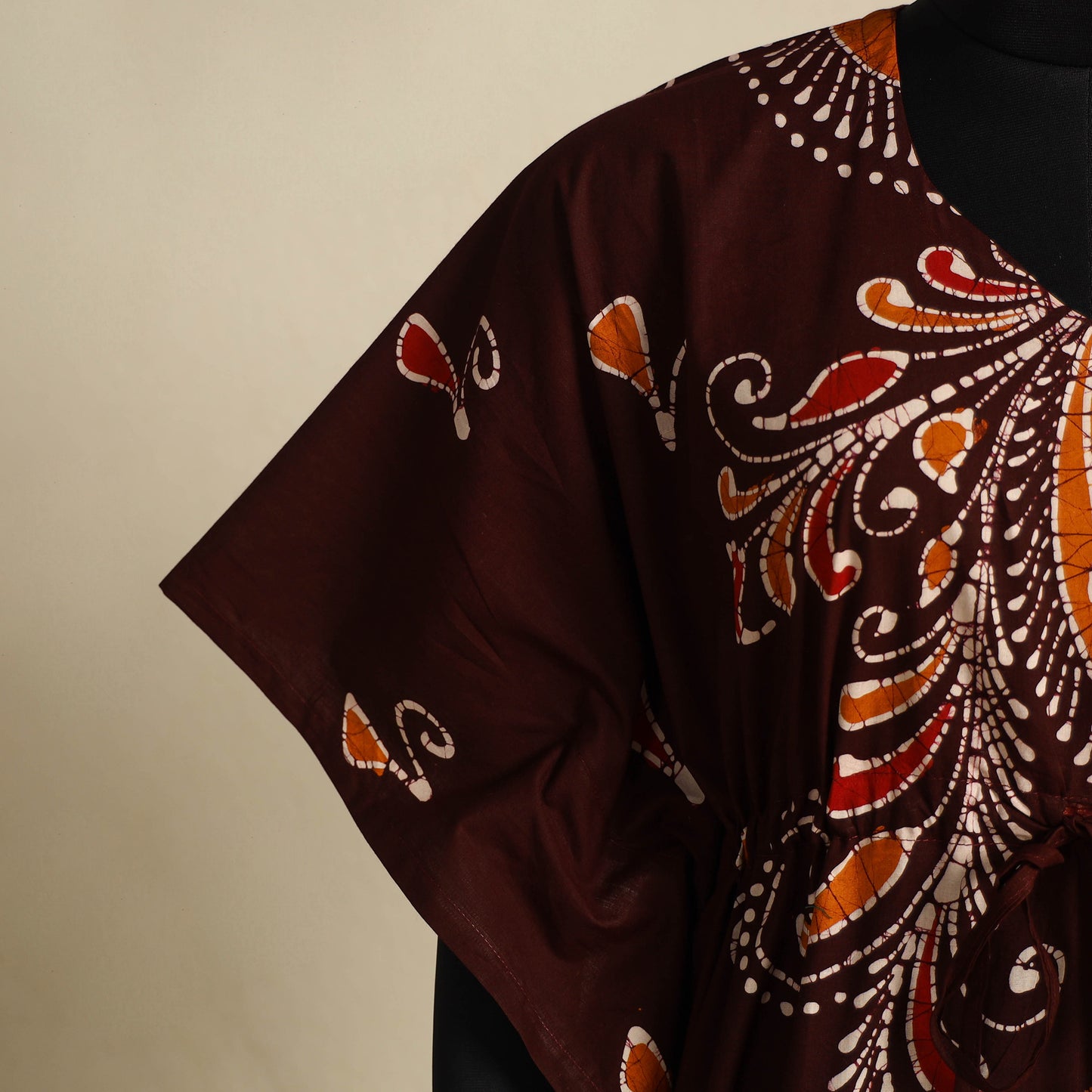 Maroon - cotton hand batik kaftan with tie-up waist (long)