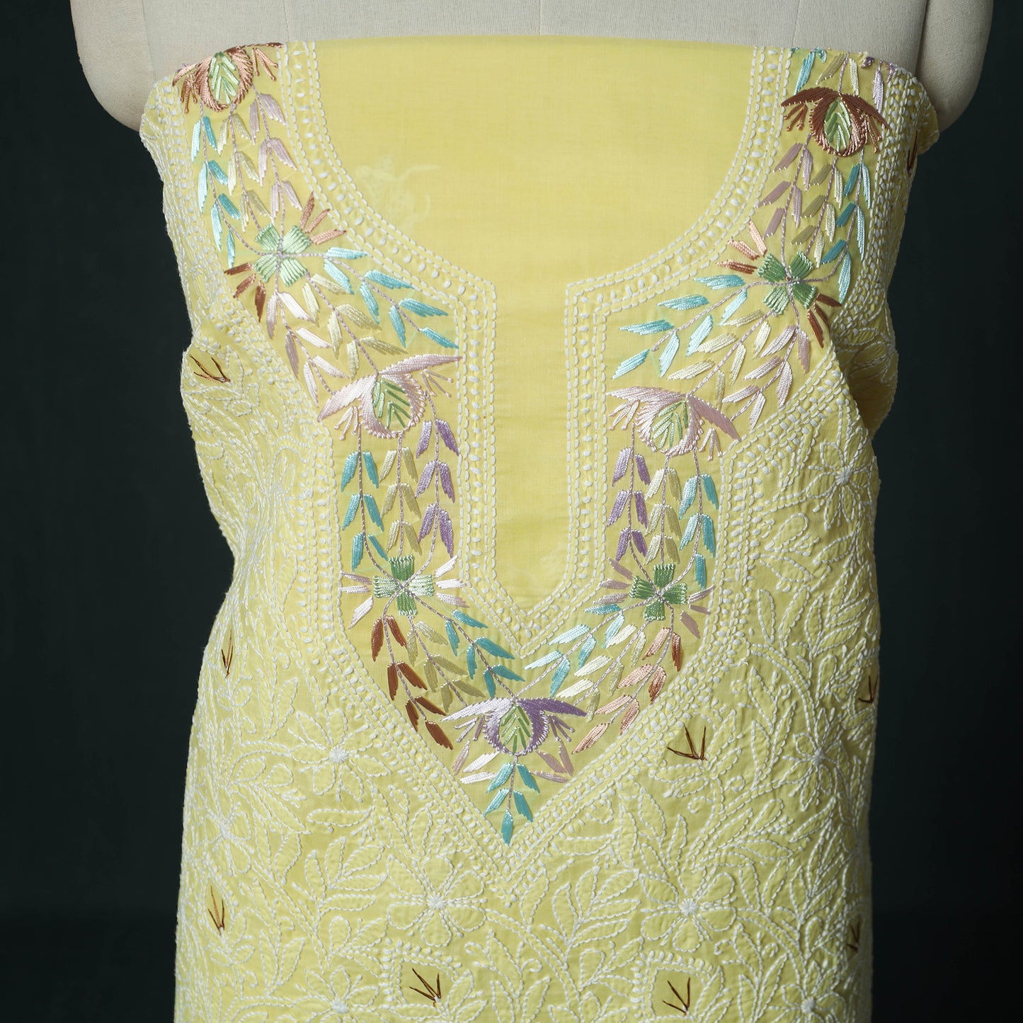 Lucknow Chikankari Parsi Style Hand Embroidered Pure Mul Cotton Unstitched Kurta Material (2.8M) 15