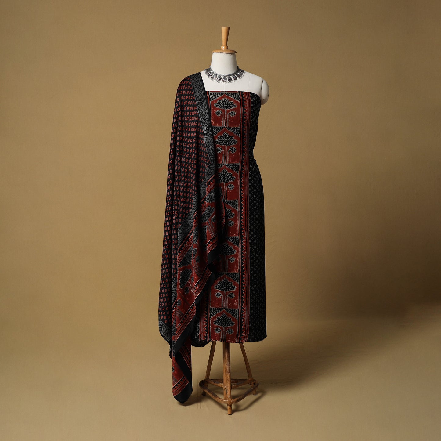 Bagru Hand Block Print Natural Dyed Modal Silk 2pc Unstitched Dress Material Kurta Set 01