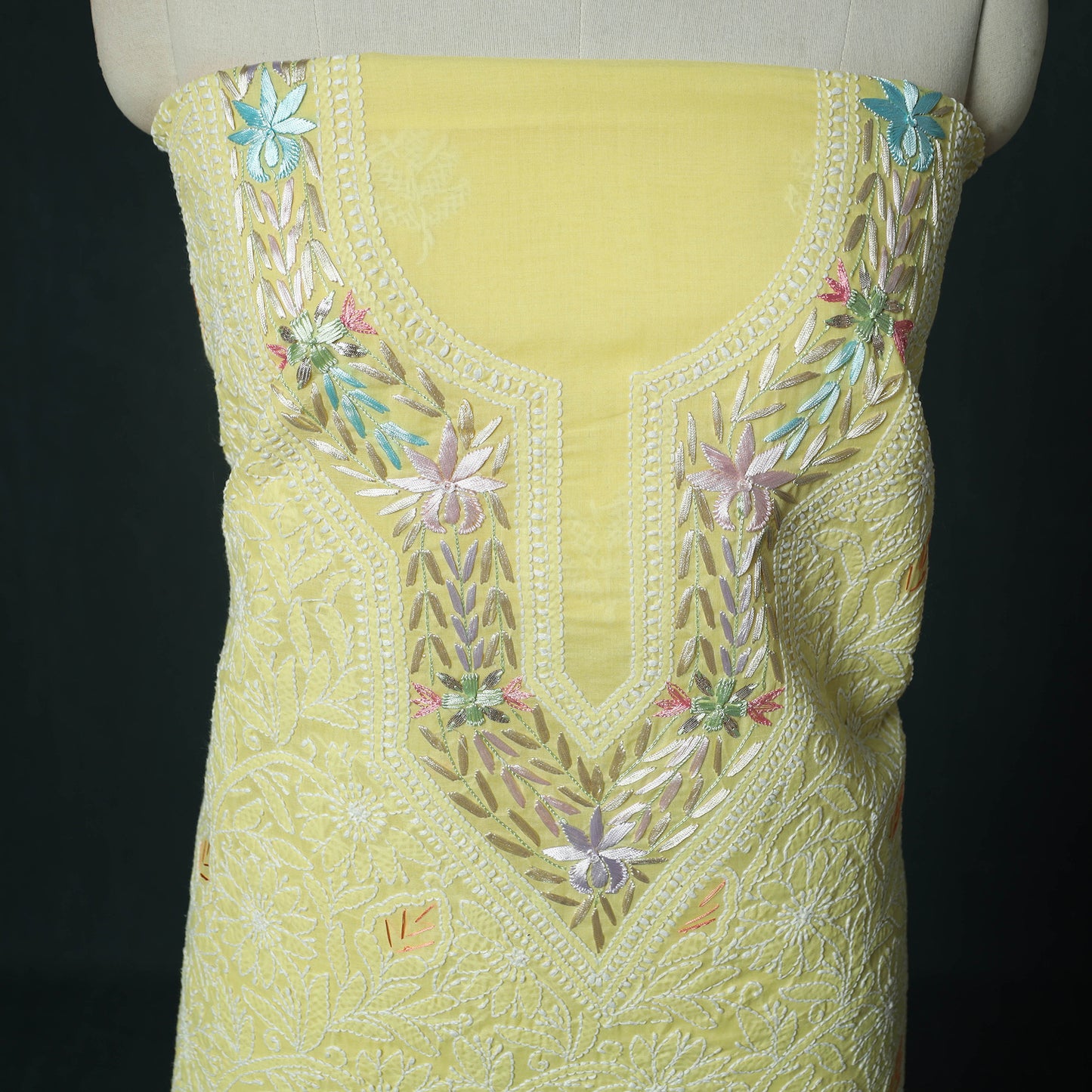 Lucknow Chikankari Parsi Style Hand Embroidered Pure Mul Cotton Unstitched Kurta Material (2.8M) 16