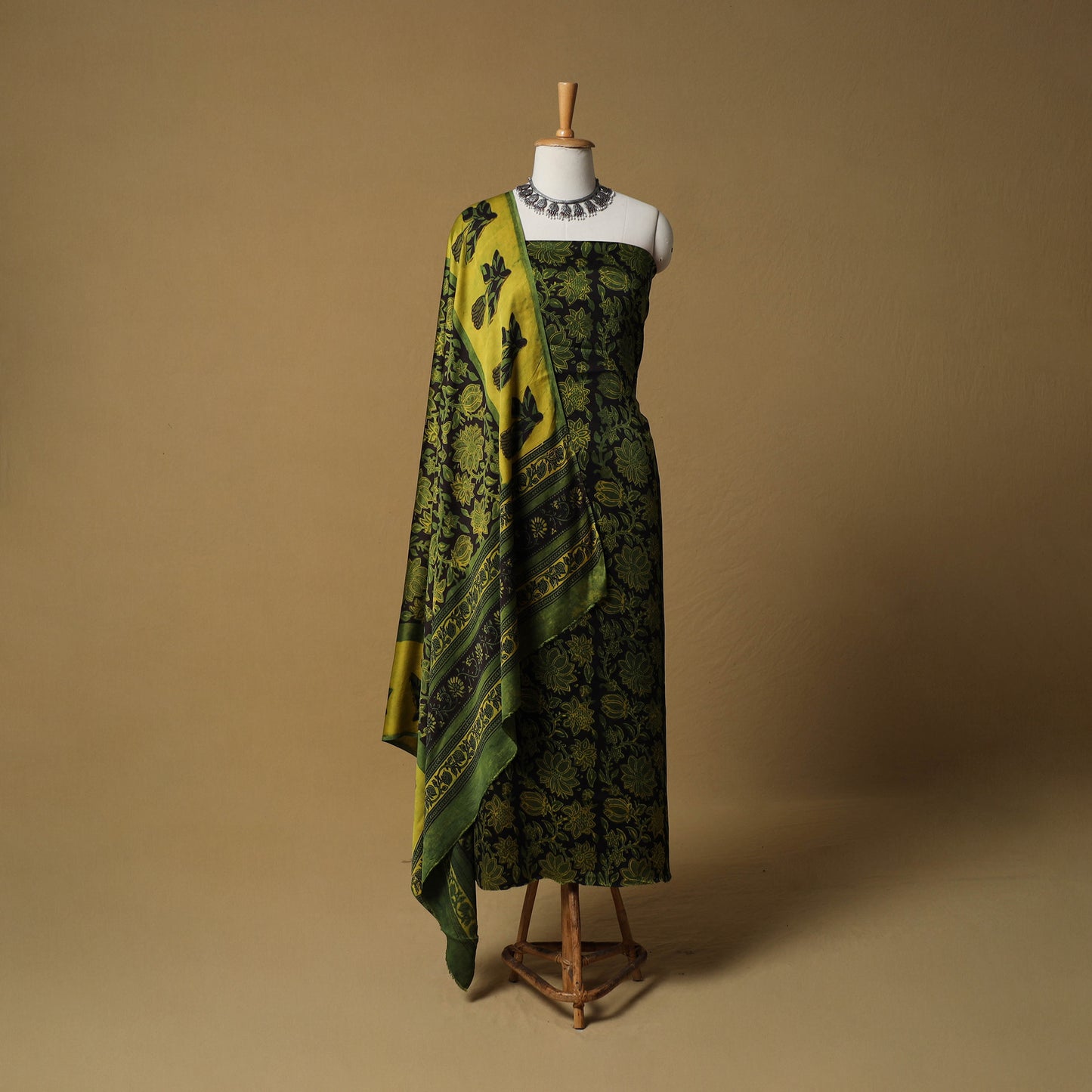 Bagru Hand Block Print Natural Dyed Modal Silk 2pc Unstitched Dress Material Kurta Set 02