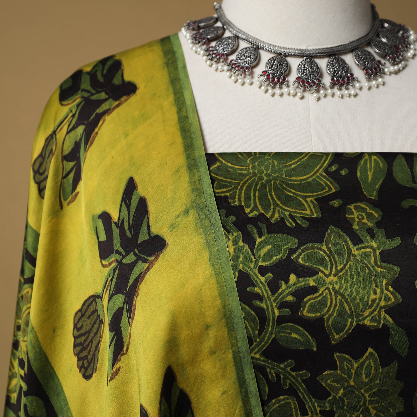 Bagru Hand Block Print Natural Dyed Modal Silk 2pc Unstitched Dress Material Kurta Set 02
