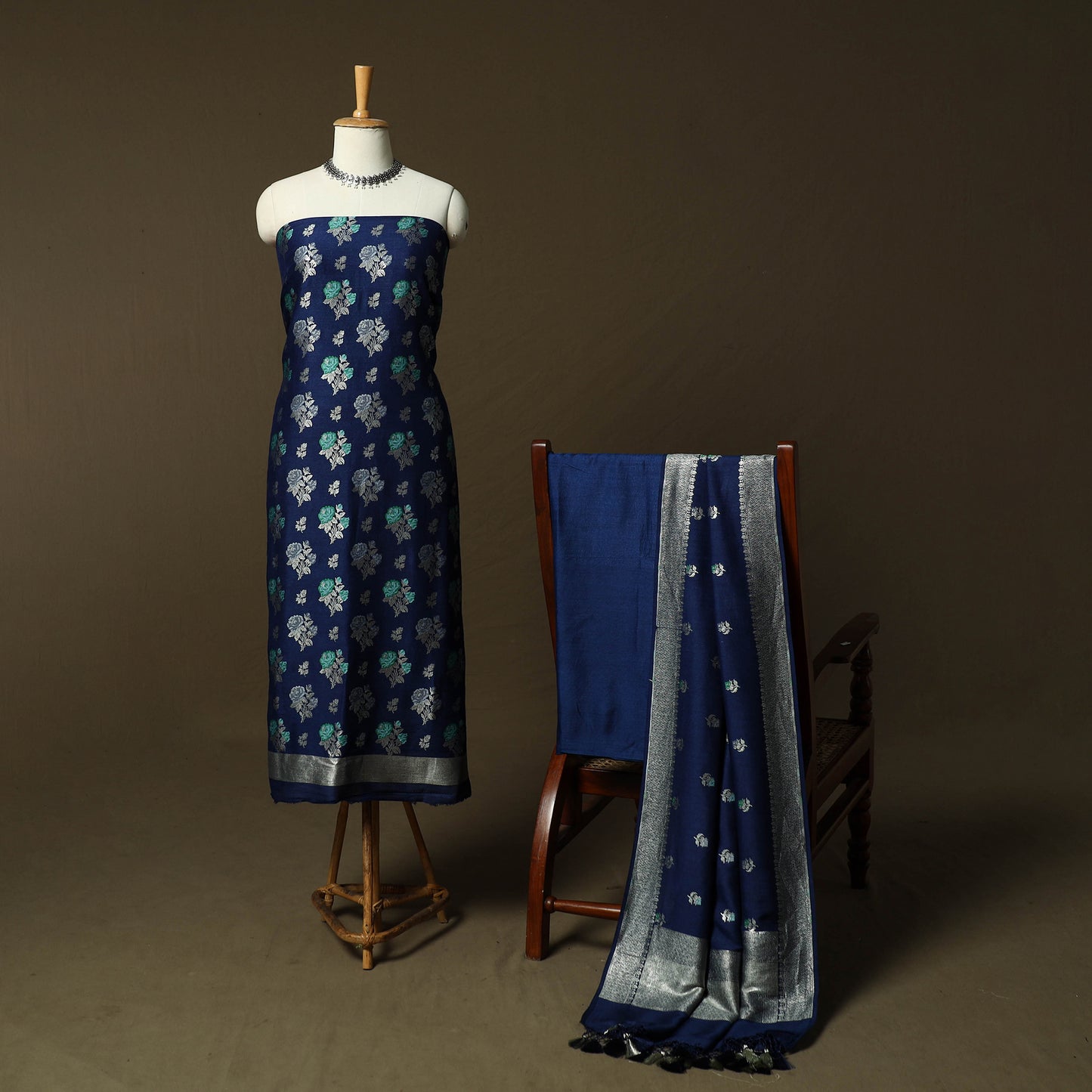 Blue - Banarasi Handwoven Katan Mulberry Silk Zari Work 3pc Unstitched Dress Material Suit Set 03