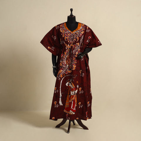 Maroon - cotton hand batik kaftan with tie-up waist (long)